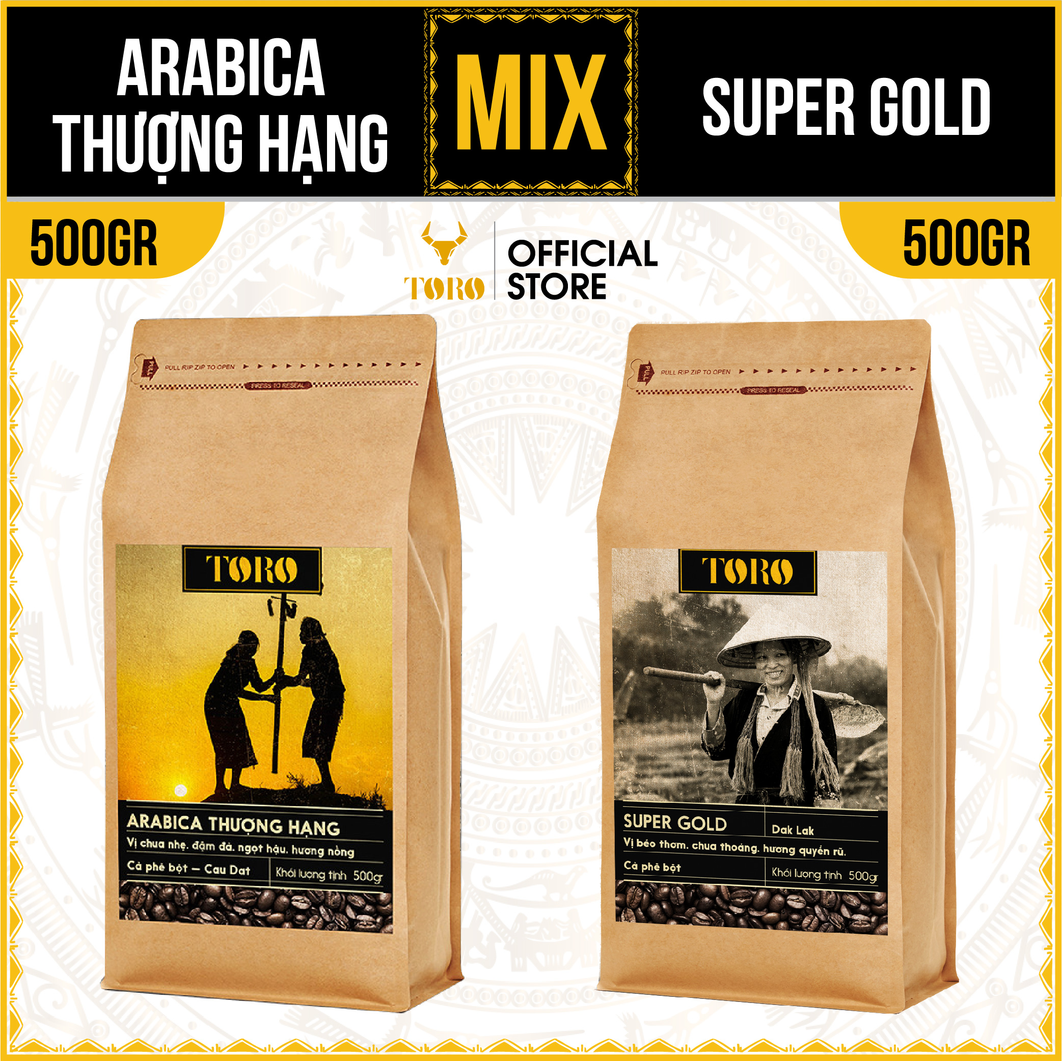 [1KG] Bộ Mix Cà Phê Bột Toro Arabica Thượng Hạng &amp; Toro Super Gold Nguyên Chất 100% | 500GR/Gói | TORO FARM