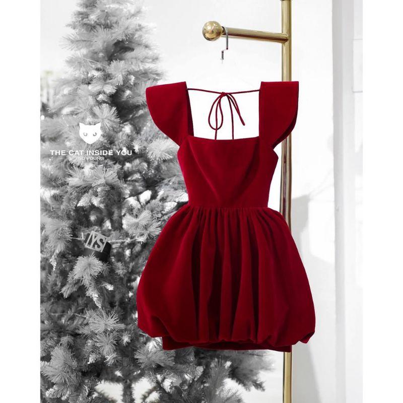 Đầm Xòe Nhung Đỏ Cổ U Đi Chơi Noel &amp; Tết Cực Xinh Xắn BY8368