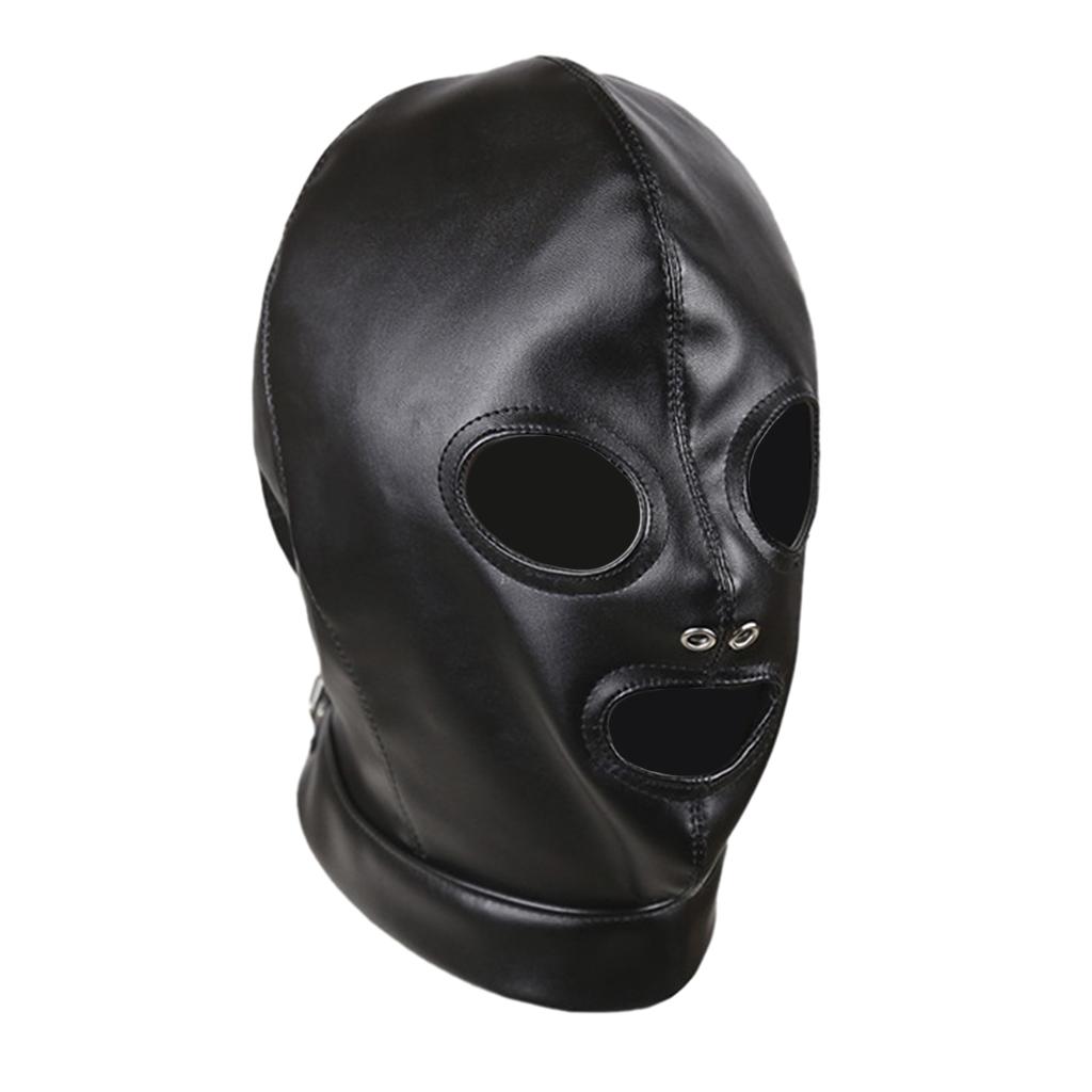 Unisex Adult Black Faux Leather Hood Mask Lace Up Full Head Face Cover Toys