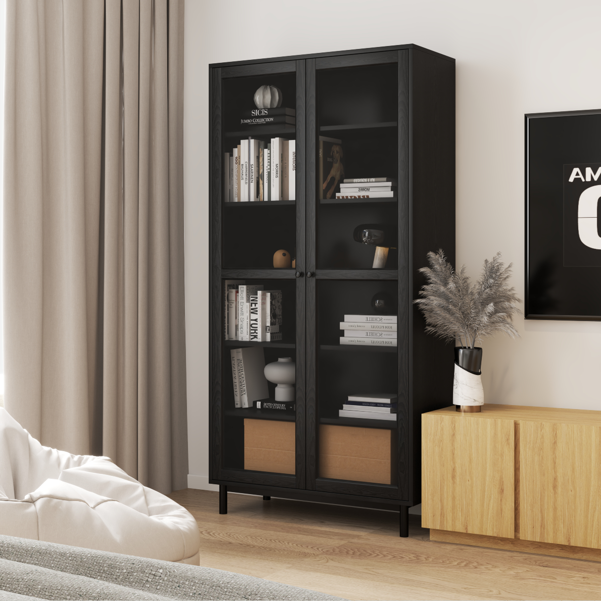 CATY , Kệ sách 6 tầng cửa kính - chân sắt , 90cm x 39cm x 180cm , KSA_021