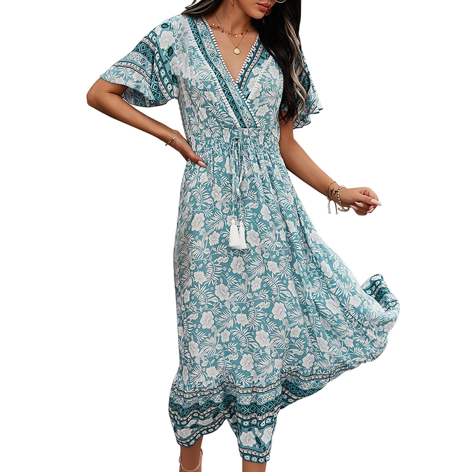 Women Floral Boho Dress V Neck Elastic High Waist Vintage Beach Holiday Casual Mid-calf Dress