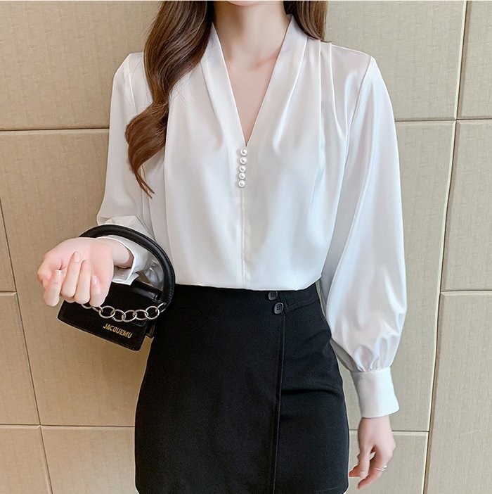 Áo Sơ Mi Trắng Basic Dáng Suông Rộng Dạng Áo Lụa Nữ Đính Hạt Mặc Đi Làm Lịch Sự - CÔNG SỞ NỮ GOTI 3A25