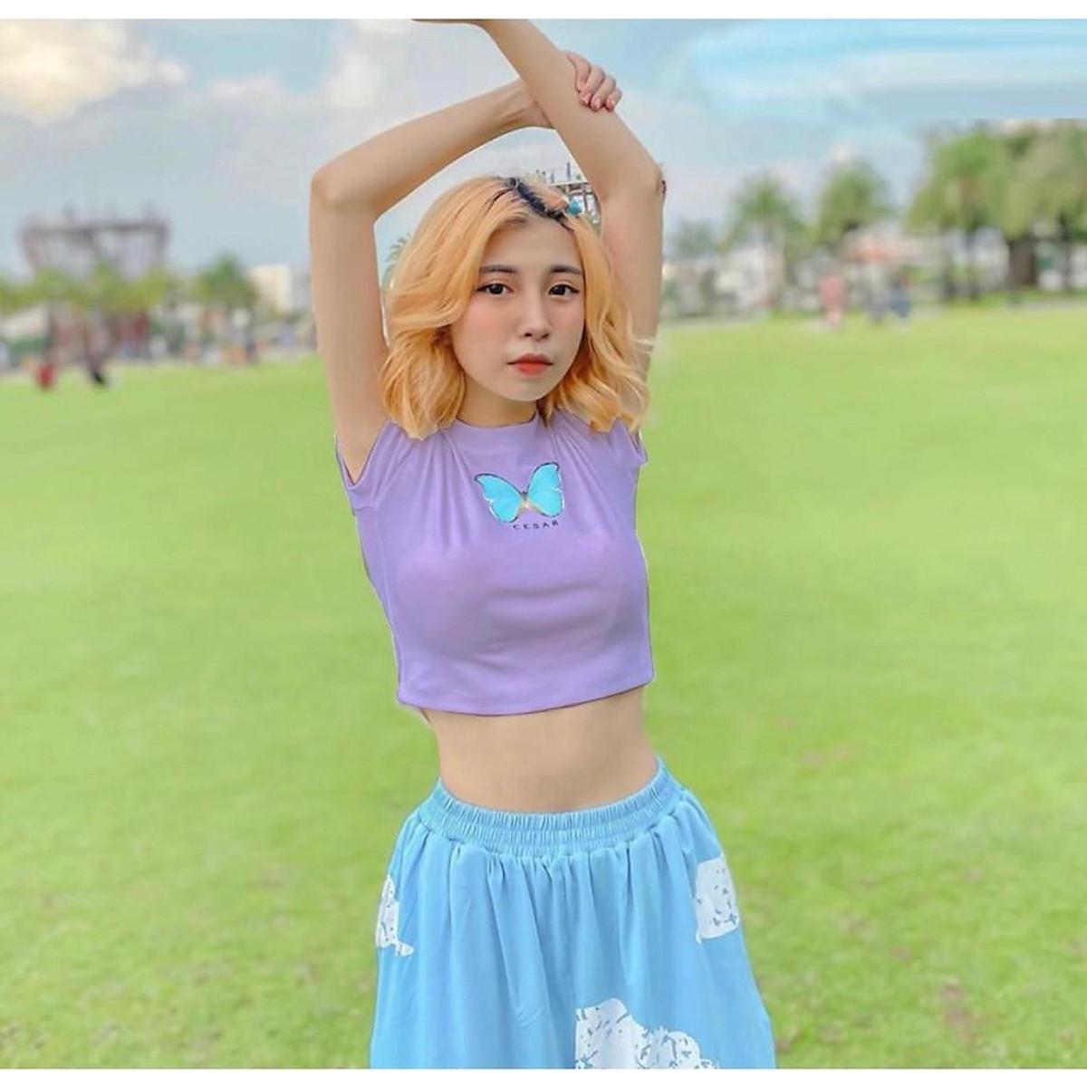 ÁO CROPTOP THUN NGẮN - ÁO KIỂU CRT NGẮN TAY CỔ TRÒN IN BƯỚM