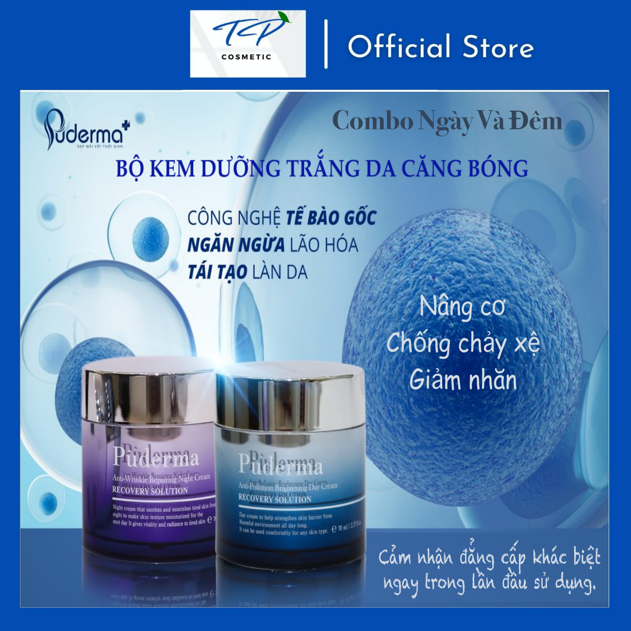 Bộ Kem Dưỡng Trắng Da Ngày và Đêm Puderma: Nâng Cơ, Chống chảy xệ, Giảm nếp nhăn, bật tone trang điểm.