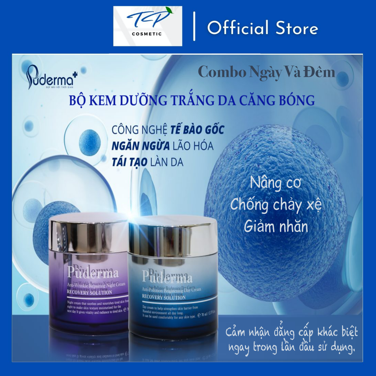 Bộ Kem Dưỡng Trắng Da Ngày và Đêm Puderma: Nâng Cơ, Chống chảy xệ, Giảm nếp nhăn, bật tone trang điểm. 