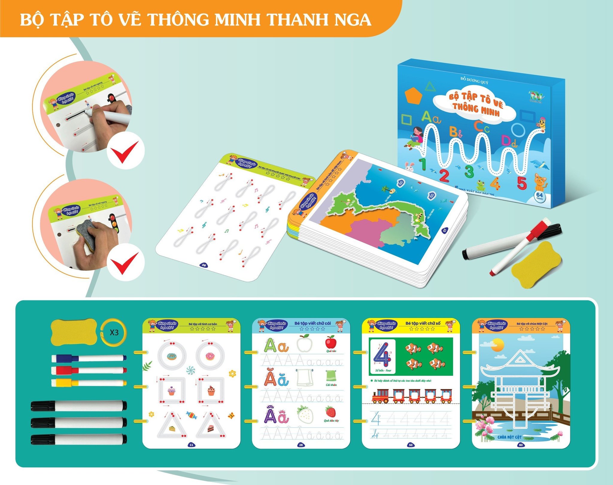 Sách tập tô - Bộ Tập Tô Vẽ Thông Minh Xoá Được cho bé từ 2 tuổi. Đồ Chơi Giáo Dục Toàn Diện Cho Bé