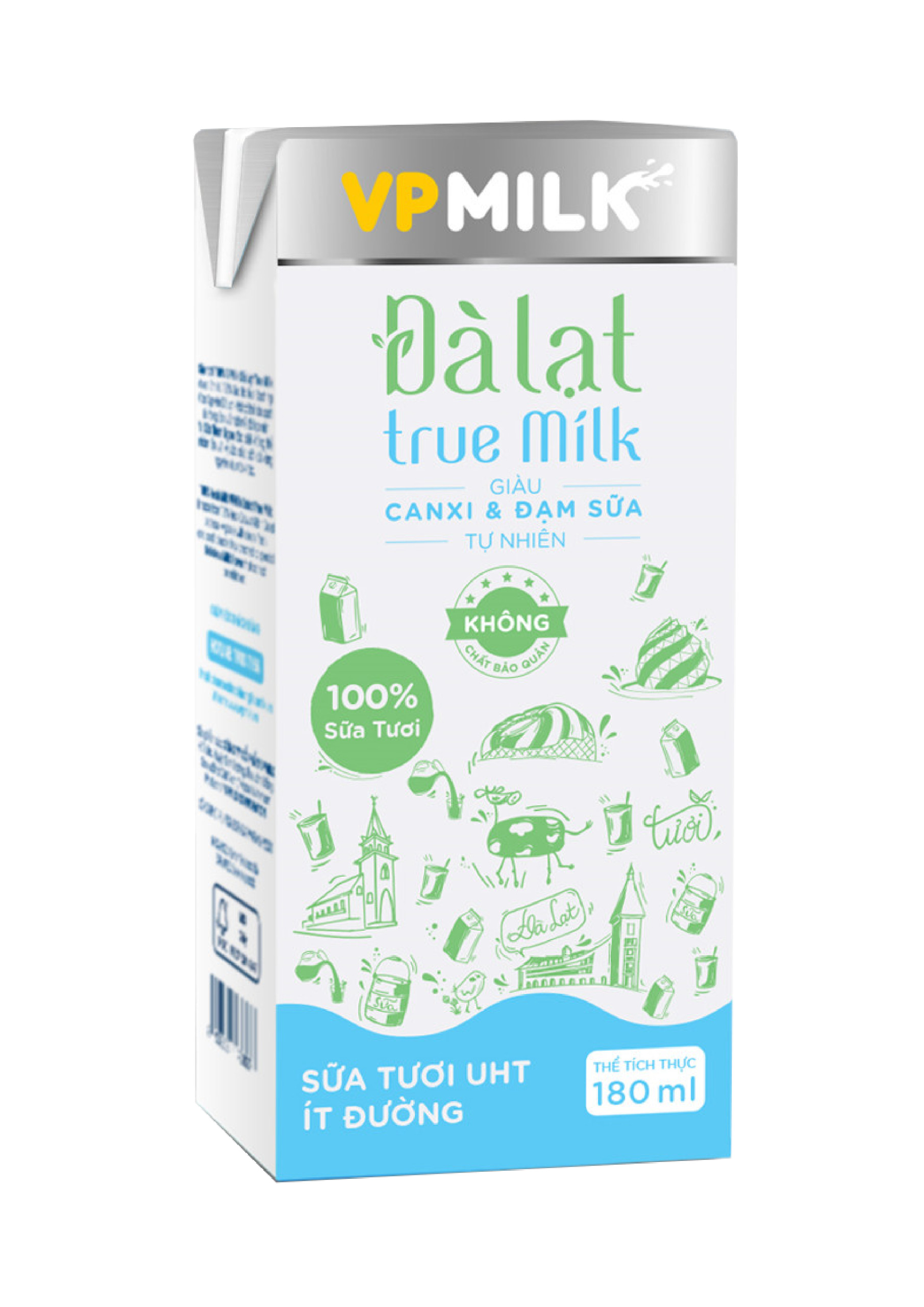 Sữa tươi UHT Đà Lạt True Milk VPMilk ÍT ĐƯỜNG thể tích 180ml (Thùng 48 hộp)