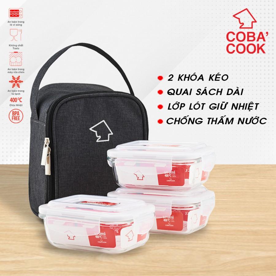 Bộ 3 hộp đựng cơm thủy tinh  COBA'COOK chịu nhiệt 3 hộp chữ nhật 370ml và 1 túi giữ nhiệt - CCL33BS-1