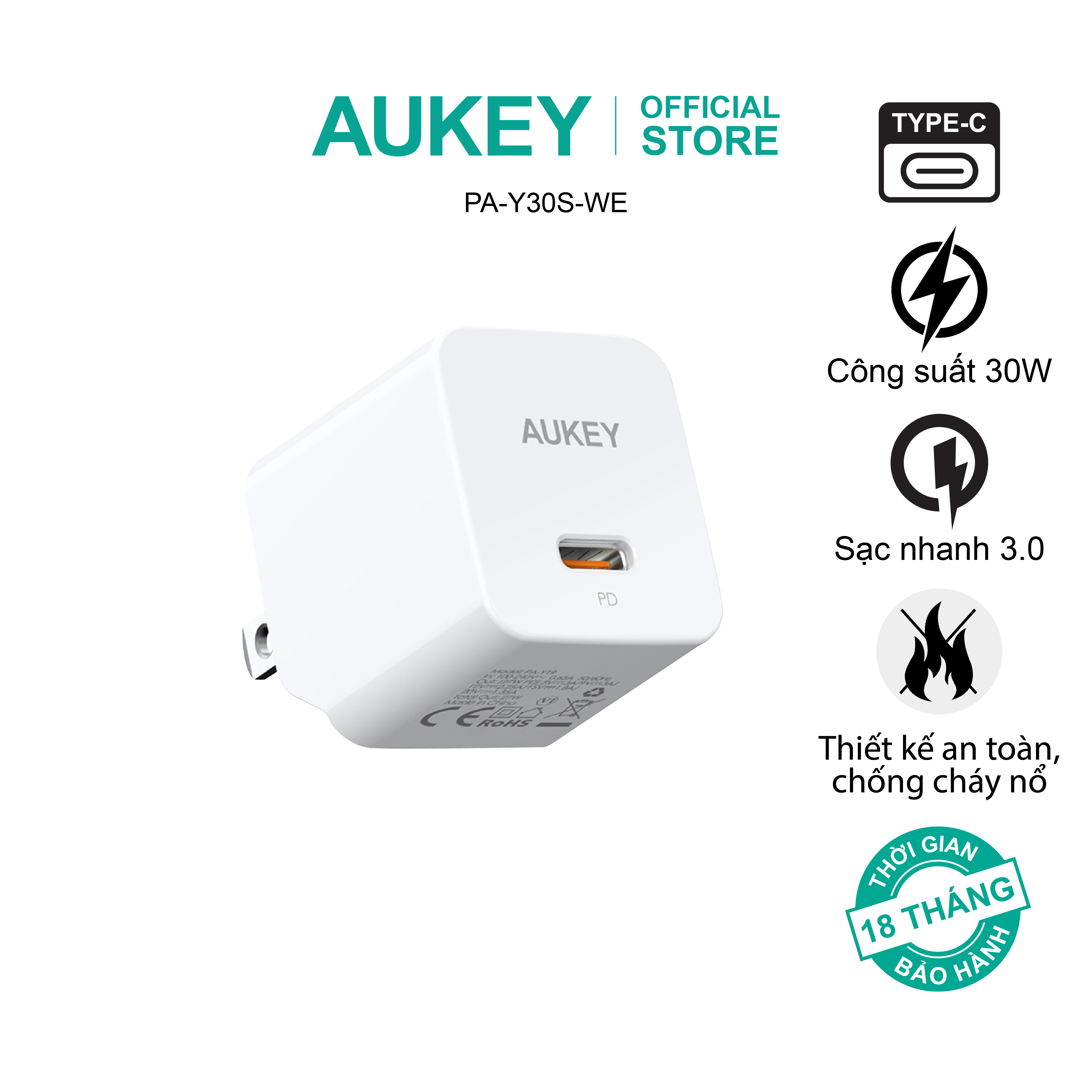  Củ sạc nhanh USB C Aukey PD 30W PA-Y30s, hàng chính hãng