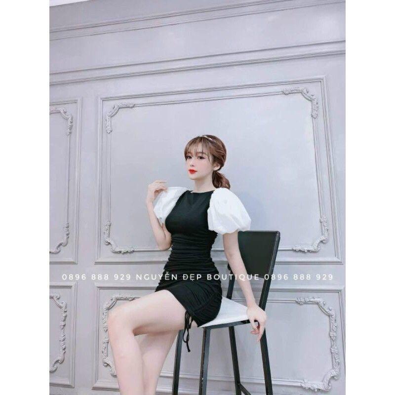 Đầm tay phồng rút dây phối voan cao cấp