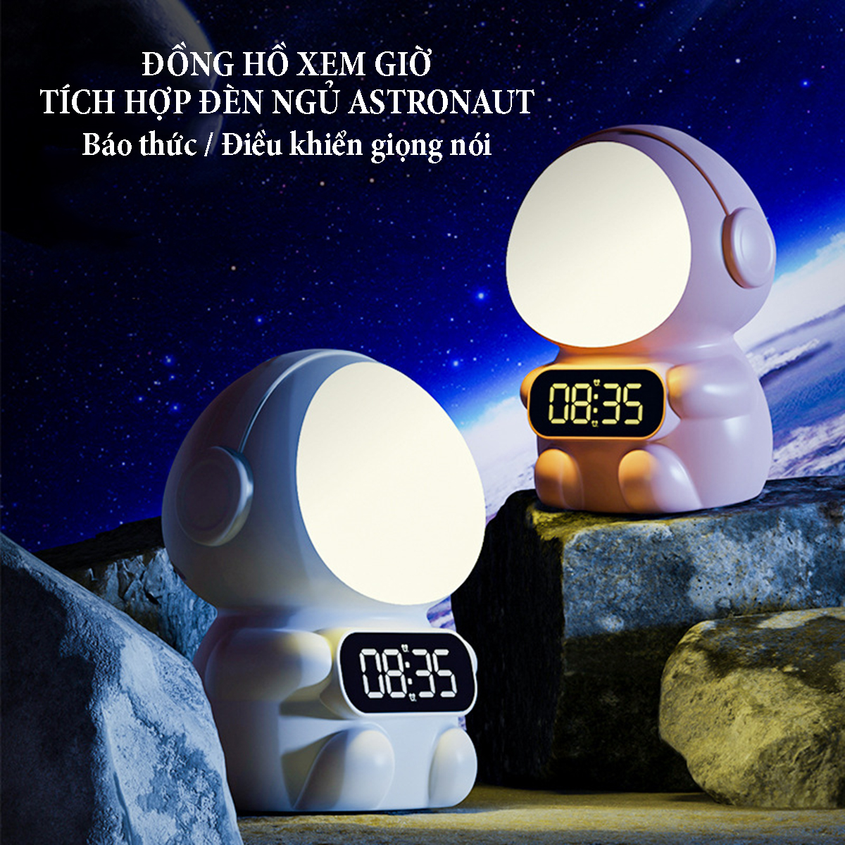 Đồng hồ xem giờ tích hợp đèn ngủ Astronaut điều khiển bằng giọng nói chức năng báo thức điều chỉnh độ sáng 4 cấp, pin sạc dung lượng 1500mA