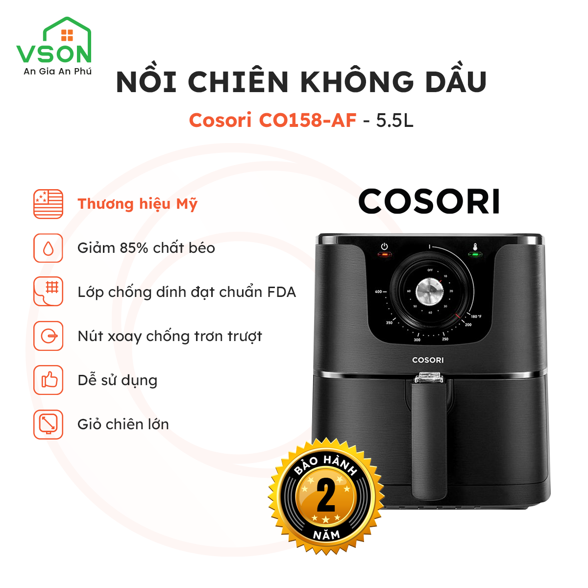 Nồi Chiên Không Dầu Thương Hiệu Mỹ COSORI CO158-AF 5.5 LÍT - Hàng Chính Hãng