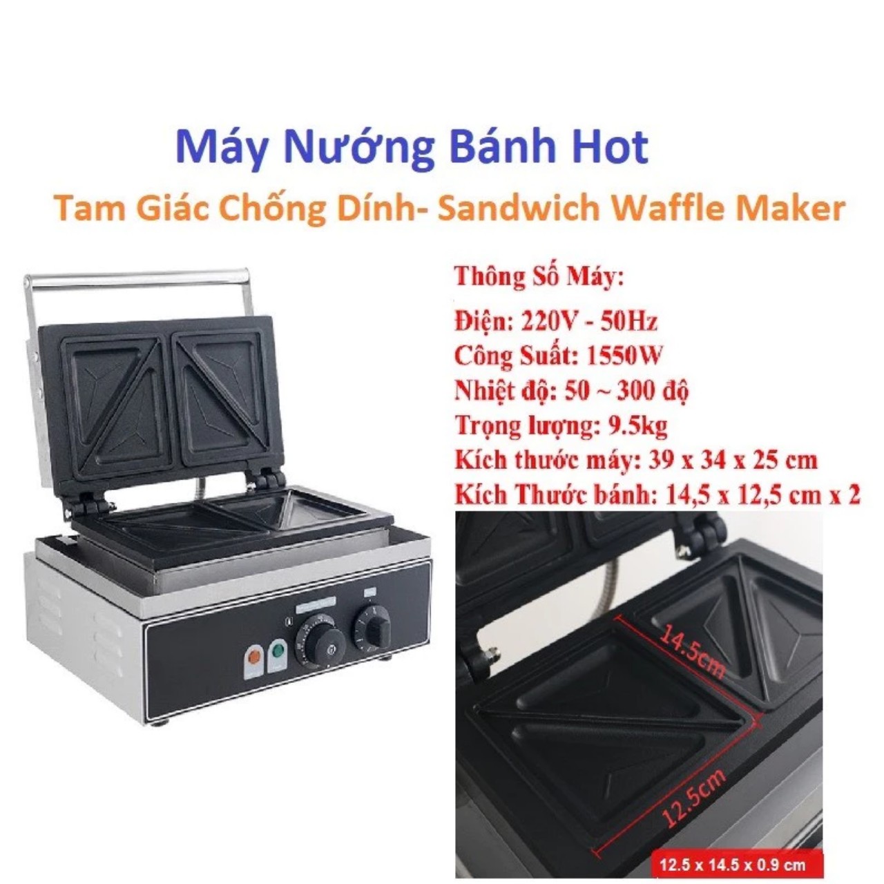 Máy Làm Bánh Hotdog Tam Giác 4 Khuôn - HĐ88 Máy Nướng Bánh Sandwich 4 Chiếc Công Suất 1500W hàng nhập khẩu