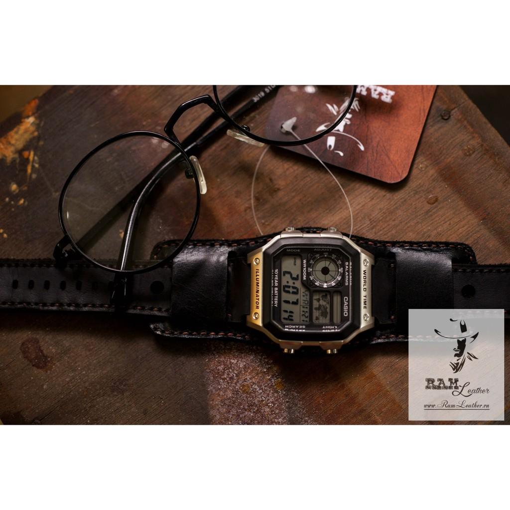 DÂY ĐỒNG HỒ DA BÒ ĐEN TUYỀN CHO CASIO AE1200 + B2 BUNDSTRAP