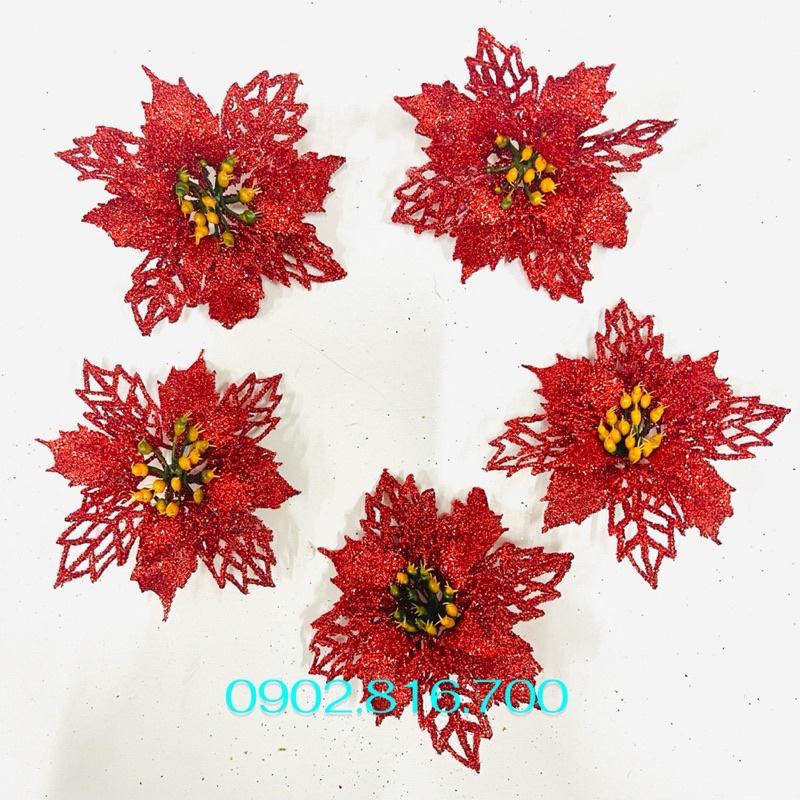 Sét 5 hoa trạng nguyên kim tuyến đỏ và hoa trang nguyên kim tuyến vàng 10cm trang trí cây thông noel giáng sinh