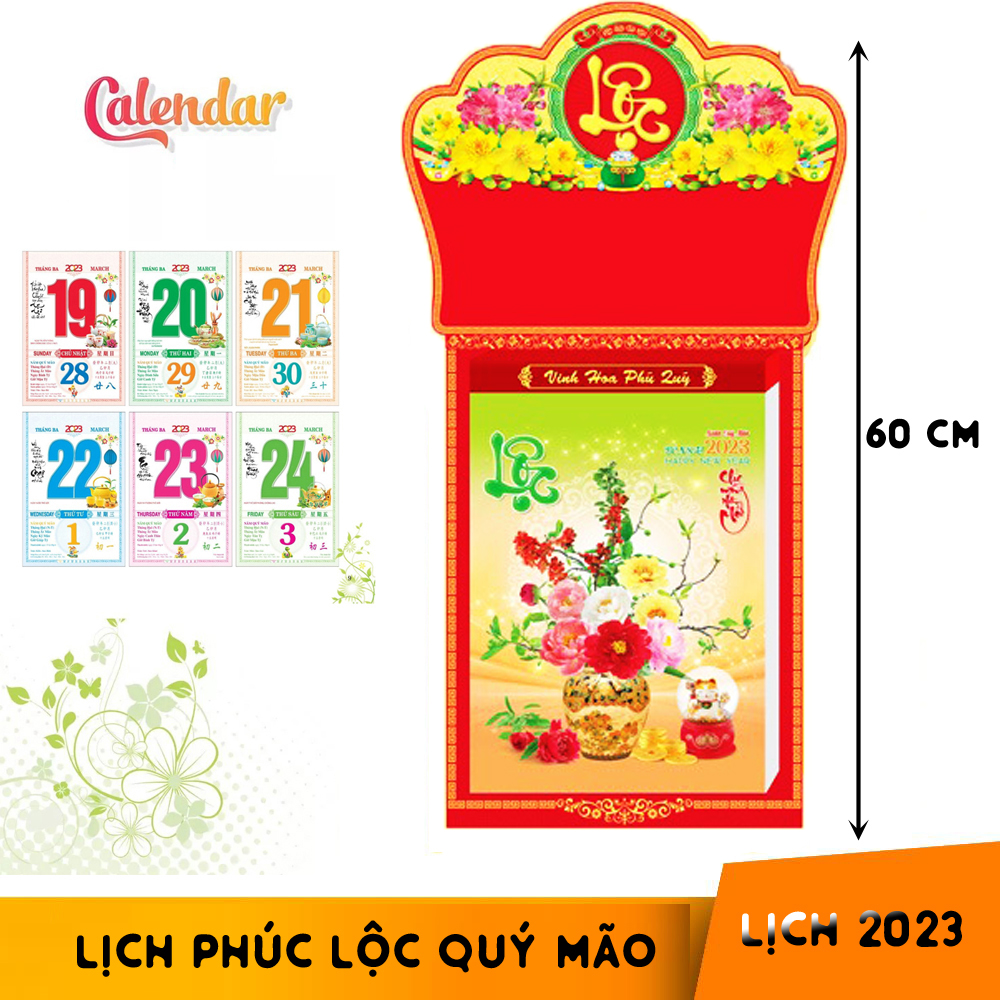 Lịch Hoa bon sai chiều dài tổng 60 cm mừng xuân Quý Mão 2023 kích thước khổ bloc 20 * 30