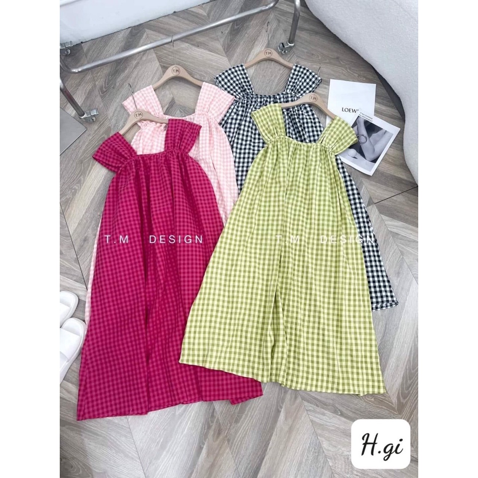 Váy maxi kẻ đũi bo chun ngực tay bè xinh dáng dài ba màu