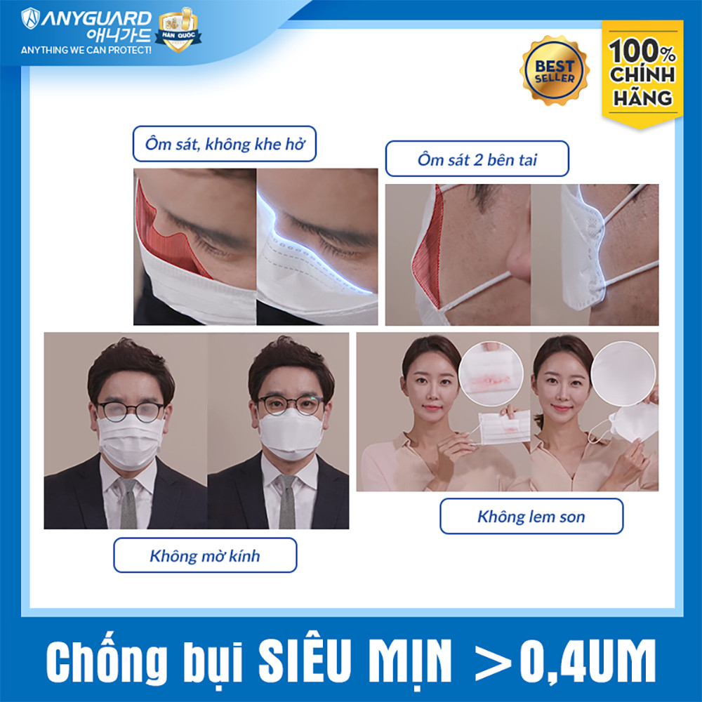 ComBo 10 Chiếc Khẩu Trang KF94 - Form 3D Cao Cấp Chống Bụi Siêu Mịn 0.4um Anyguard Chính Hãng - 4 Lớp Bảo Vệ Tối Ưu Dành Cho Người Lớn - ISO 9001:2015, ISO 13485:2016, QCVN 01:2017/BTC