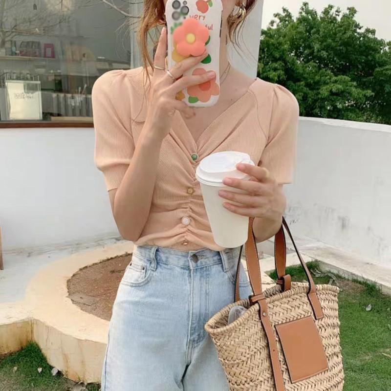 Áo Thun Dệt Kim Tay Phồng Cổ Chữ V Màu Trơn Thời Trang Cho Nữ