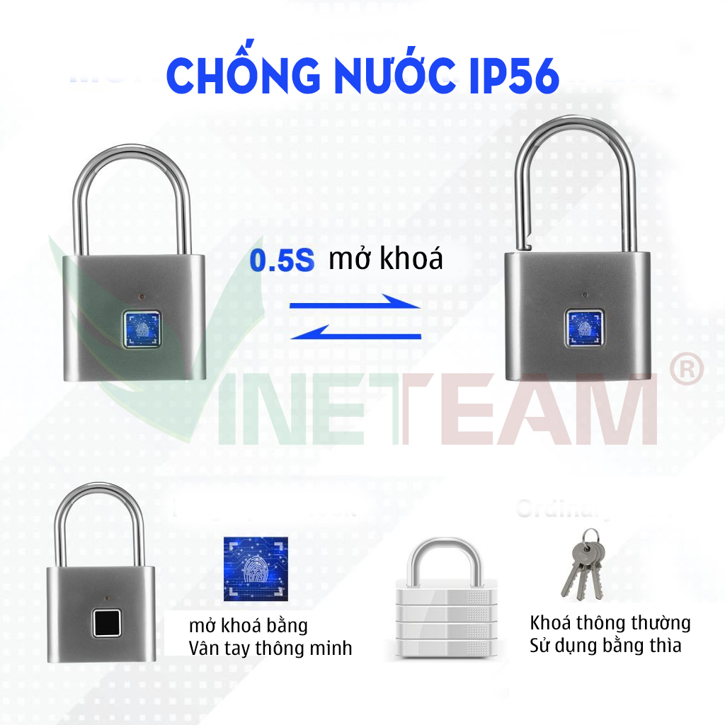 Ổ Khoá Vân Tay Thông Minh Vinetteam Kết Nối Bluetooth Mở Khoá Qua APP TUYA Giúp Bảo Vệ Nhà Cửa, Khoá Tủ An Toàn Tặng Kèm Cáp Sạc - Hàng Chính Hãng