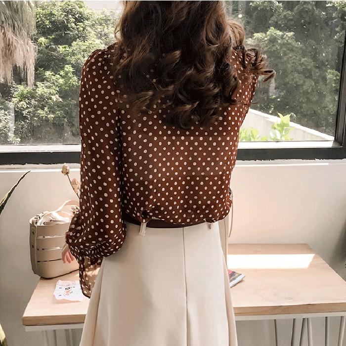Áo sơ mi nữ chấm bi cổ thắt nơ, hàng nhập Quảng Châu