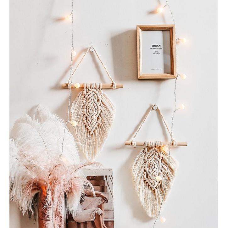 Lá macrame trang trí treo tường, Macrame lá 2 màu trắng, cam đất