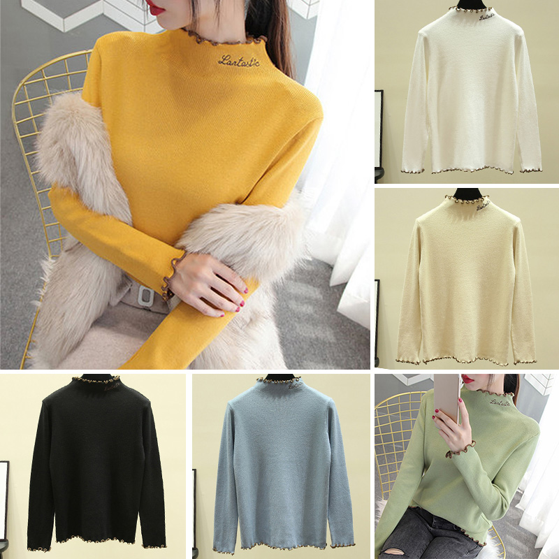 Fashion Women Winter Knitted Ruched Sweater Solid Color Turtleneck Long Sleeve Letters Slim Casual Pullover Knitwear