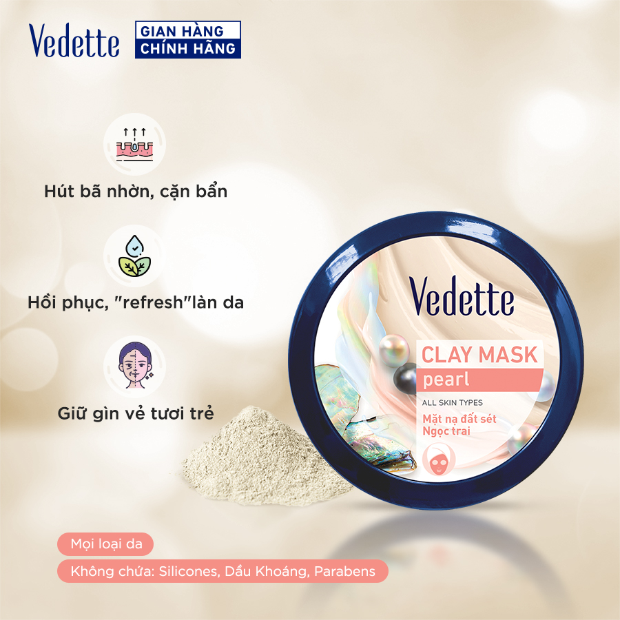 Mặt Nạ Đất Sét Sạch Sâu Dịu Nhẹ Vedette Ngọc Trai - Hũ 145g