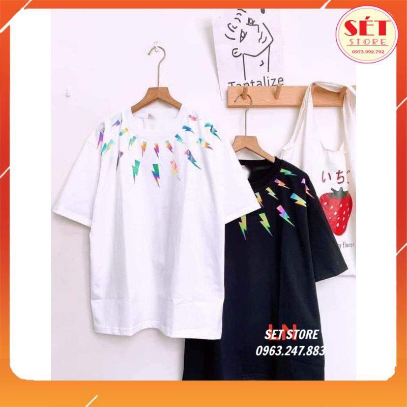 Áo thun tay lỡ nữ freesize phông form rộng dáng unisex- ulzzang mặc đôi, nhóm, lớp phản quang tia sét - Setstore AT0013