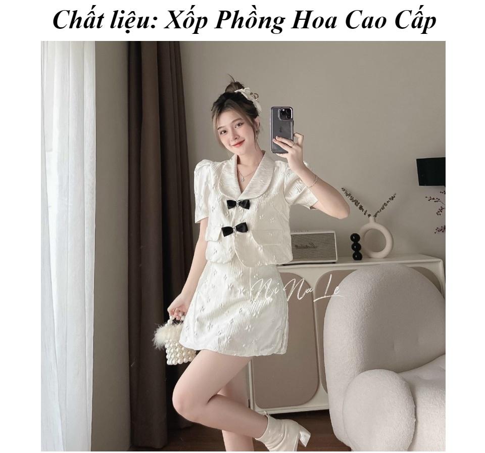 [HCM] Sét Váy Ngắn Áo Tay Phồng Cổ Bèo Lớn Đính Nơ Nút Thật ( Váy Có Lót )