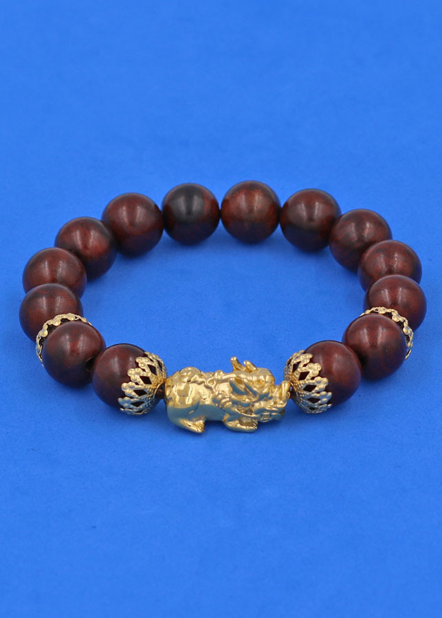 Chuỗi đeo tay Gỗ Đàn Hương Nâu 12 ly - cẩn Tỳ Hưu Phong Thủy inox vàng VGDHNTHBKV12