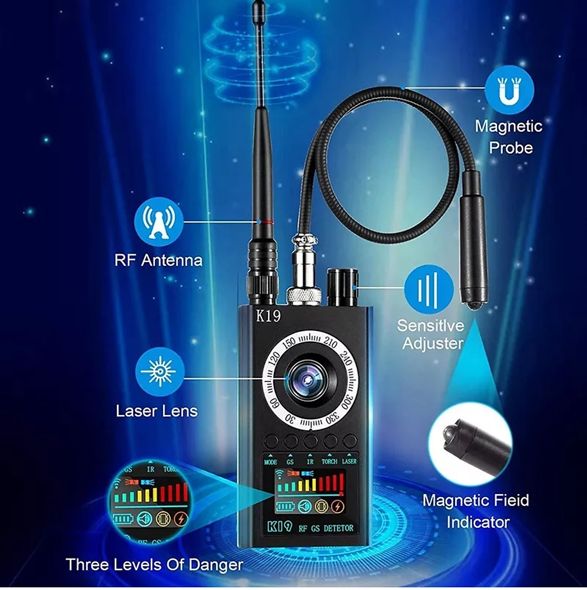 Máy Dò K19 chuyên phát hiện Camera siêu nhỏ, máy ghi âm siêu nhỏ, thiết bị định vị G.P.S. New K19 Eavesdropping Hidden Camera Detector RF Wireless Gsm Sound Signal Wiretapping GPS Tracker Spy Cam Detector Bug Finder