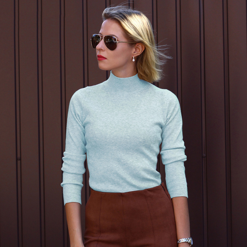 Casual Women Autumn Winter Basic Knitted Sweater Solid Color Turtleneck Pullovers Top Slim Knitwear