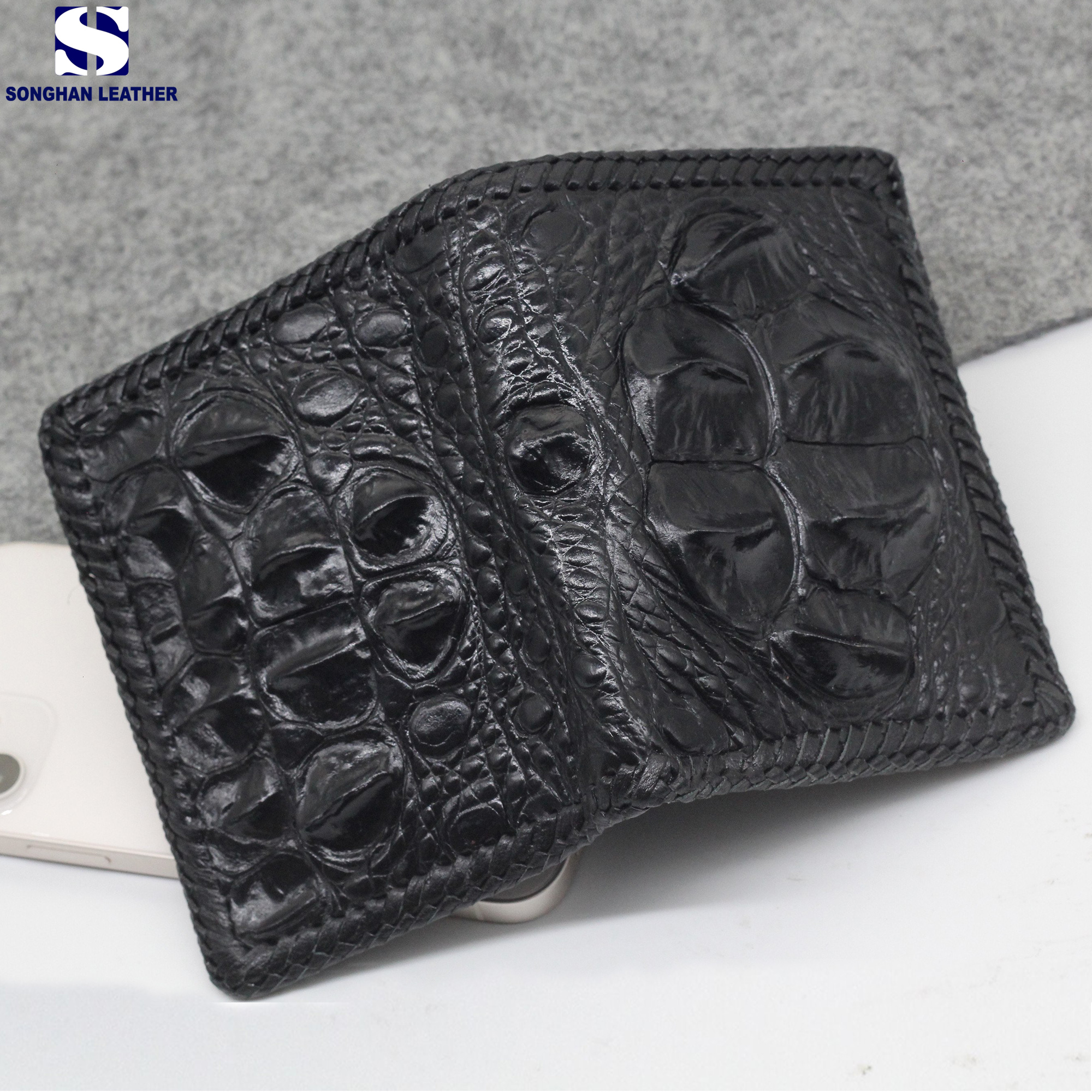 Ví Da Cá Sấu Lớn Đan Viền Đứng Hai Mặt Đan Viền Songhan Leather WL099.Bóp Da Nam Đan Viền Thủ Công Khâu Tay.Bảo Hành 12 Tháng