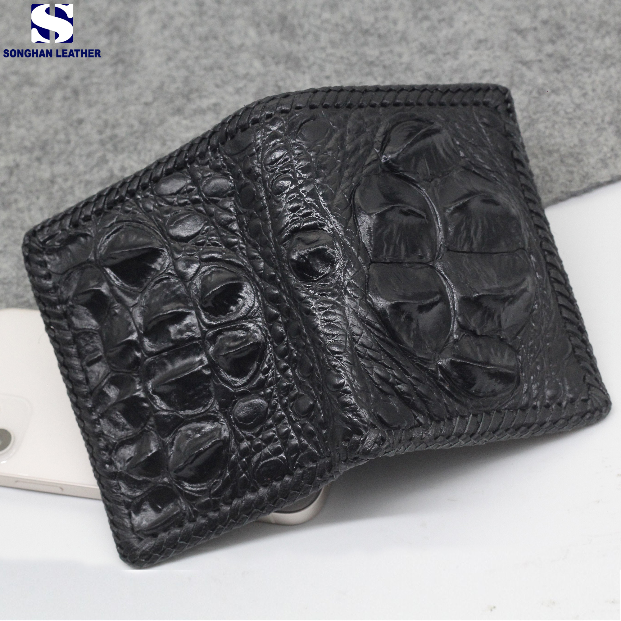 Ví  Da Cá Sấu Lớn Đan Viền Đứng Hai Mặt Đan Viền Songhan Leather WL099.Bóp Da Nam Đan Viền Thủ Công Khâu Tay.Bảo Hành 12 Tháng