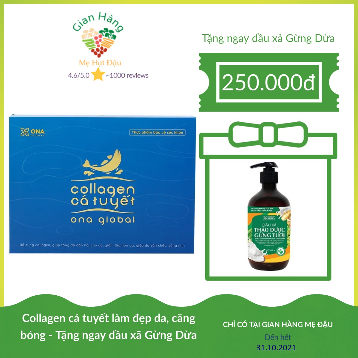 Collagen cá tuyết Ona Gobal làm đẹp da, da săn chắc, căng bóng ngậm nước ẩm mượt- Hàng Chính Hãng