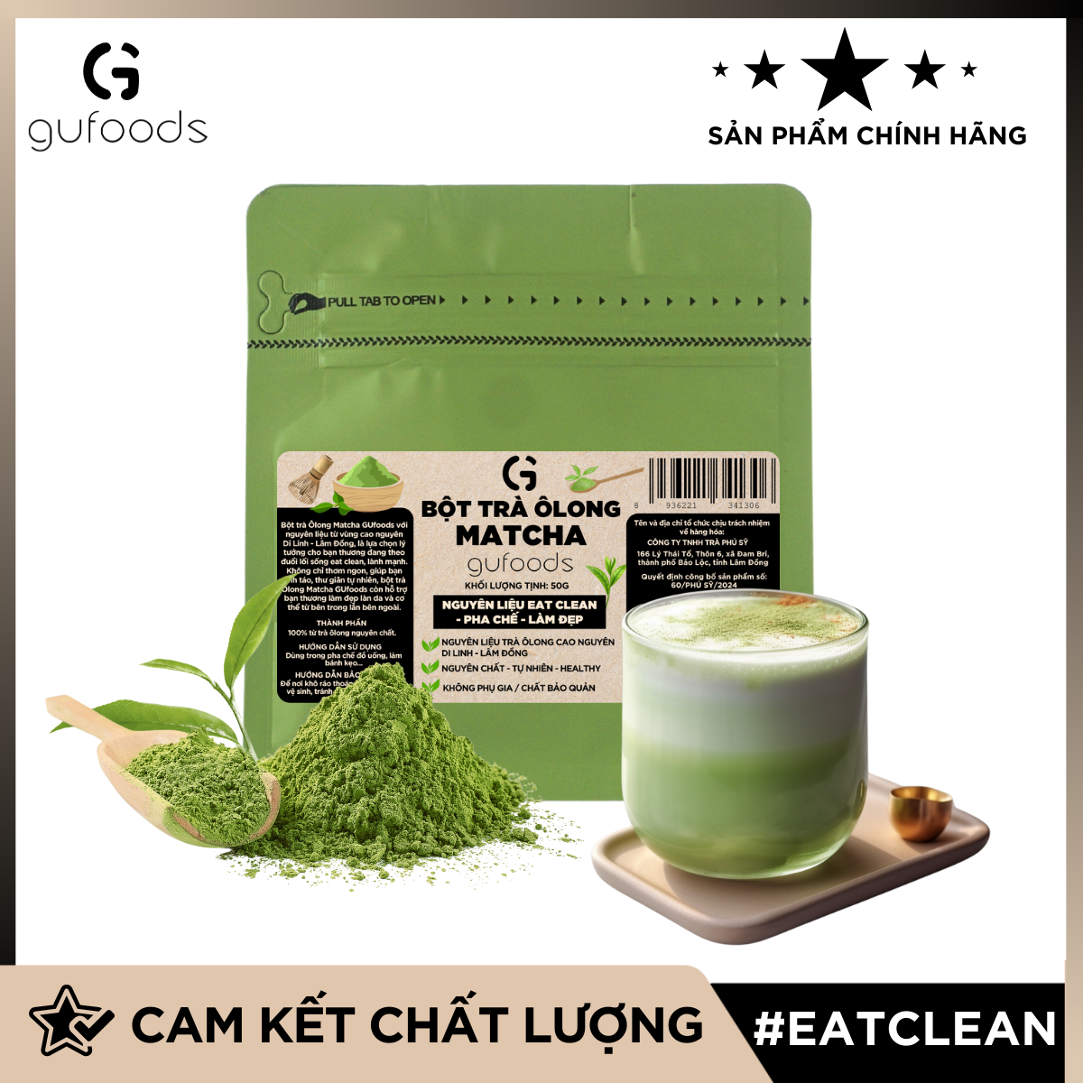Bột Matcha trà Ôlong GUfoods (túi 50g) - Pha chế Barista, Giàu EGCG và chất chống oxy hóa, Vị umami tự nhiên, Eat clean, Healthy, Làm đẹp