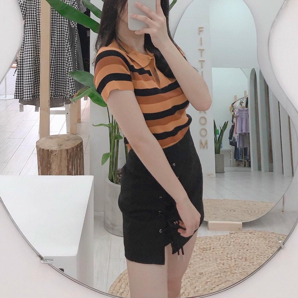 ÁO KIỂU SƠ MI SỌC NGANG TAY NGẮN FORM ÔM