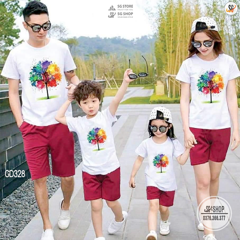 Áo đồng phục gia đình 3/4/5 người Thun cotton dày dặn Màu trắng Đủ Size đến 5XL GD328T
