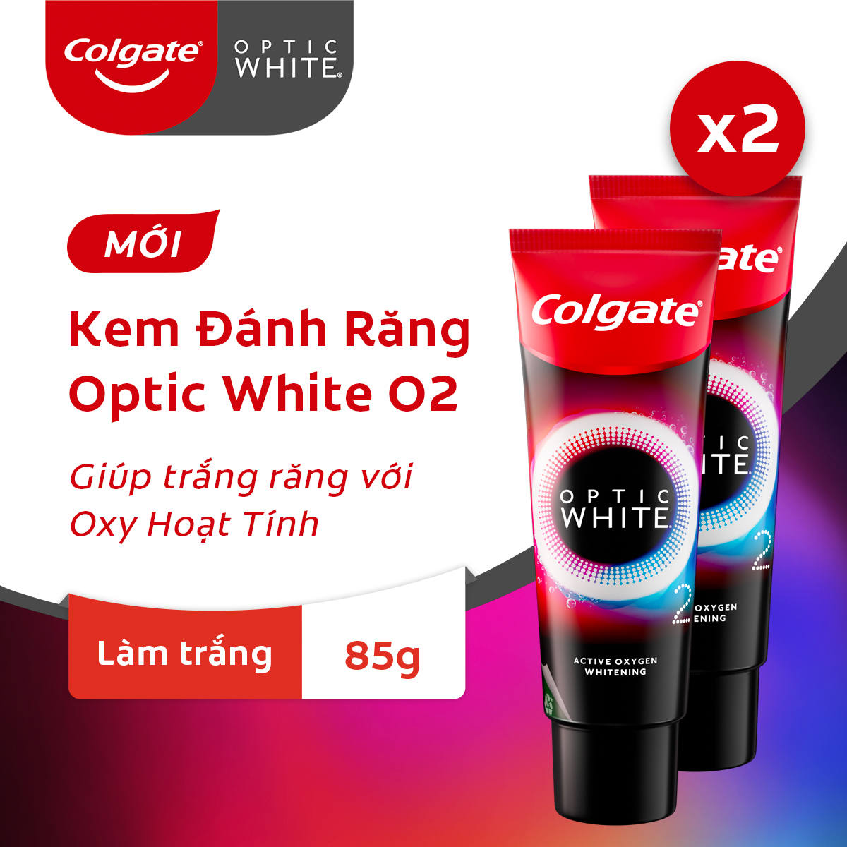 Bộ 2 Kem Đánh Răng Colgate Optic White O2 làm trắng răng đột phá với Oxy Hoạt Tính 85g/ tuýp