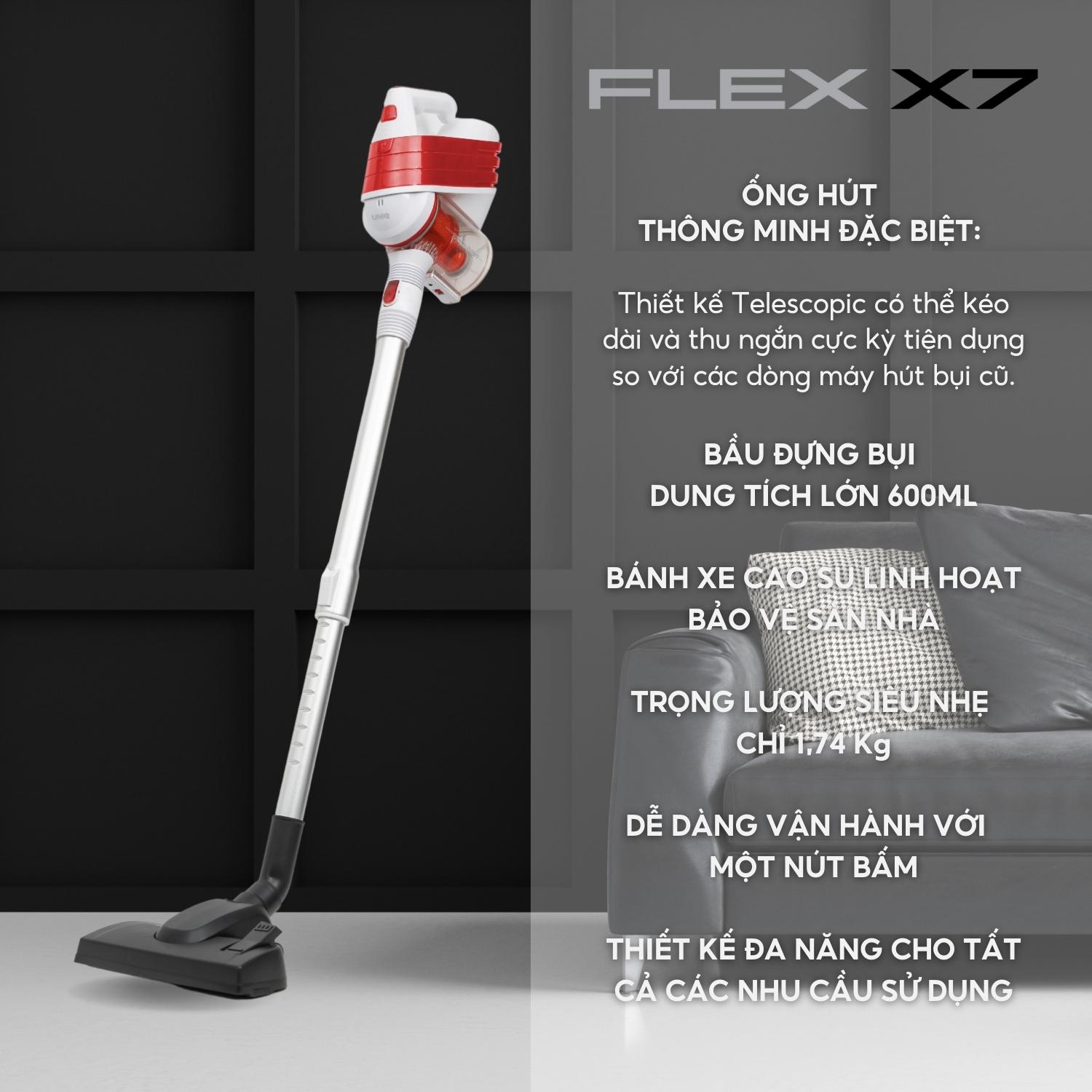 Máy Hút Bụi Cầm Tay UNIQ Flex X7 Đa Năng Gia Đình Mini Dây Dài 5m Hút Giường Đệm Nệm Sofa Xe Hơi Lực Hút Mạnh - Hàng Chính Hãng