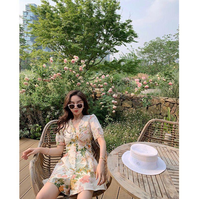 TOBE1SHOP 2023 Xuân/Hè Jumpsuit Nữ dài tay áo Hàn Quốc V cổ đèn lồng tay áo đầm in váy cao eo rộng chân quần