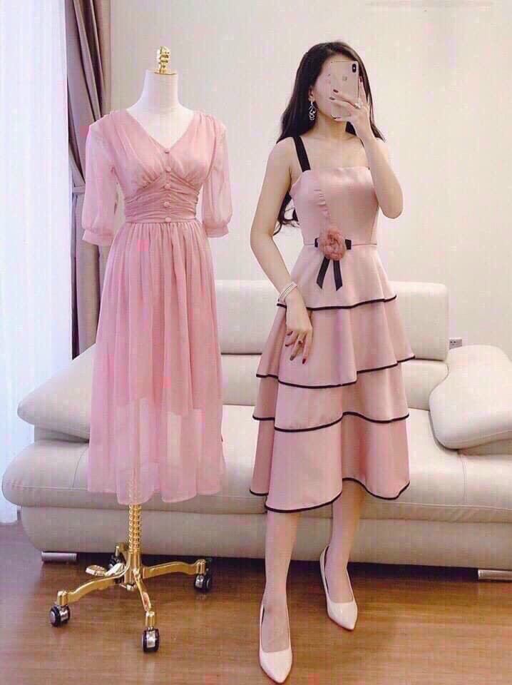 Đầm viền hai dây kết bông