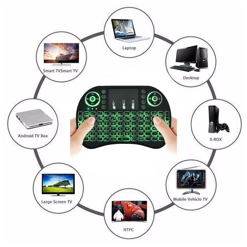 7 Màu Đèn Nền I8 Không Dây Tiếng Anh Nga Bàn Phím 2.4GHz Chuột Bàn Di Chuột Cho Android Tivi Box PC