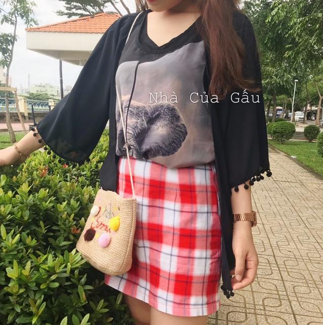 Áo khoác kimono tua bi voan mỏng đi biển