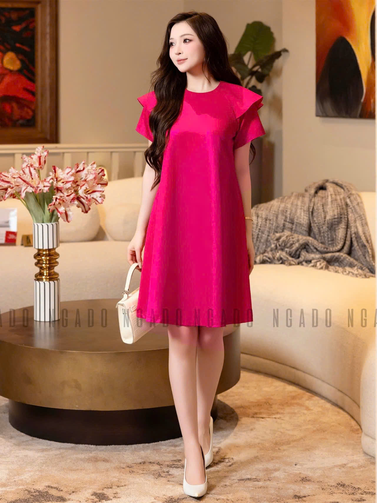 Đầm hồng sen cổ tròn NGADO , đầm dạo phố , đầm dự tiệc