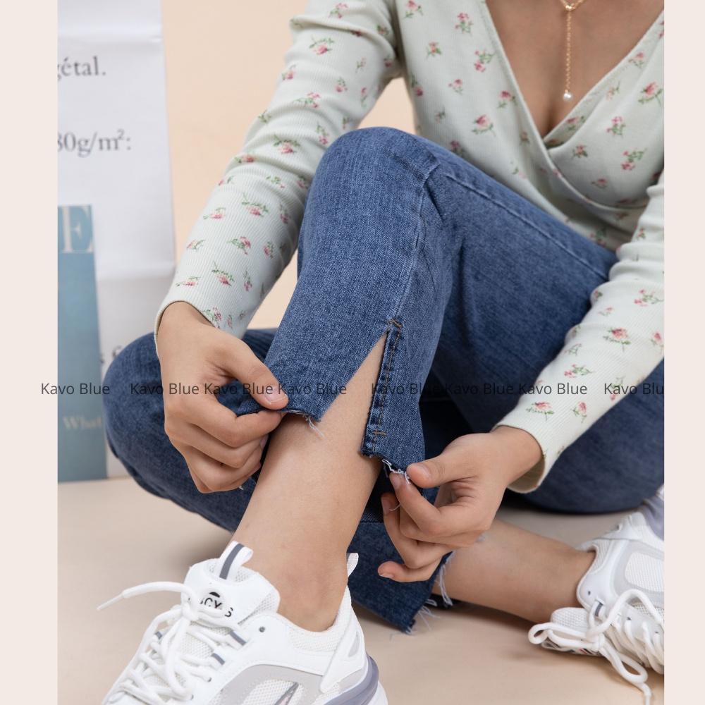 Quần Jeans Nữ Ống Đứng Xẻ Gấu Co Giãn Hàn Quốc KAVO BLUE Tôn Dáng Kéo Dài Chân