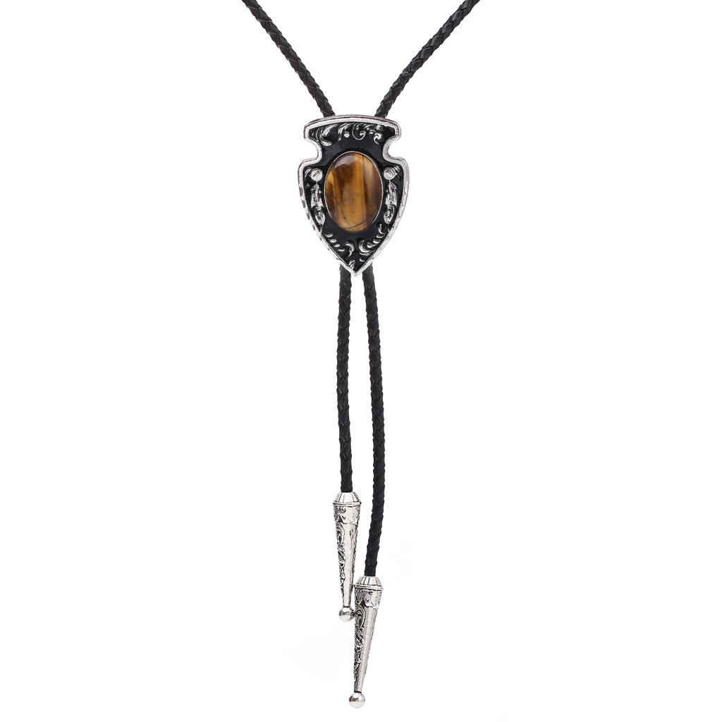 Vintage Oval Agate Bolo Tie Real Leather Cord Necktie Western Cowboy Necklace