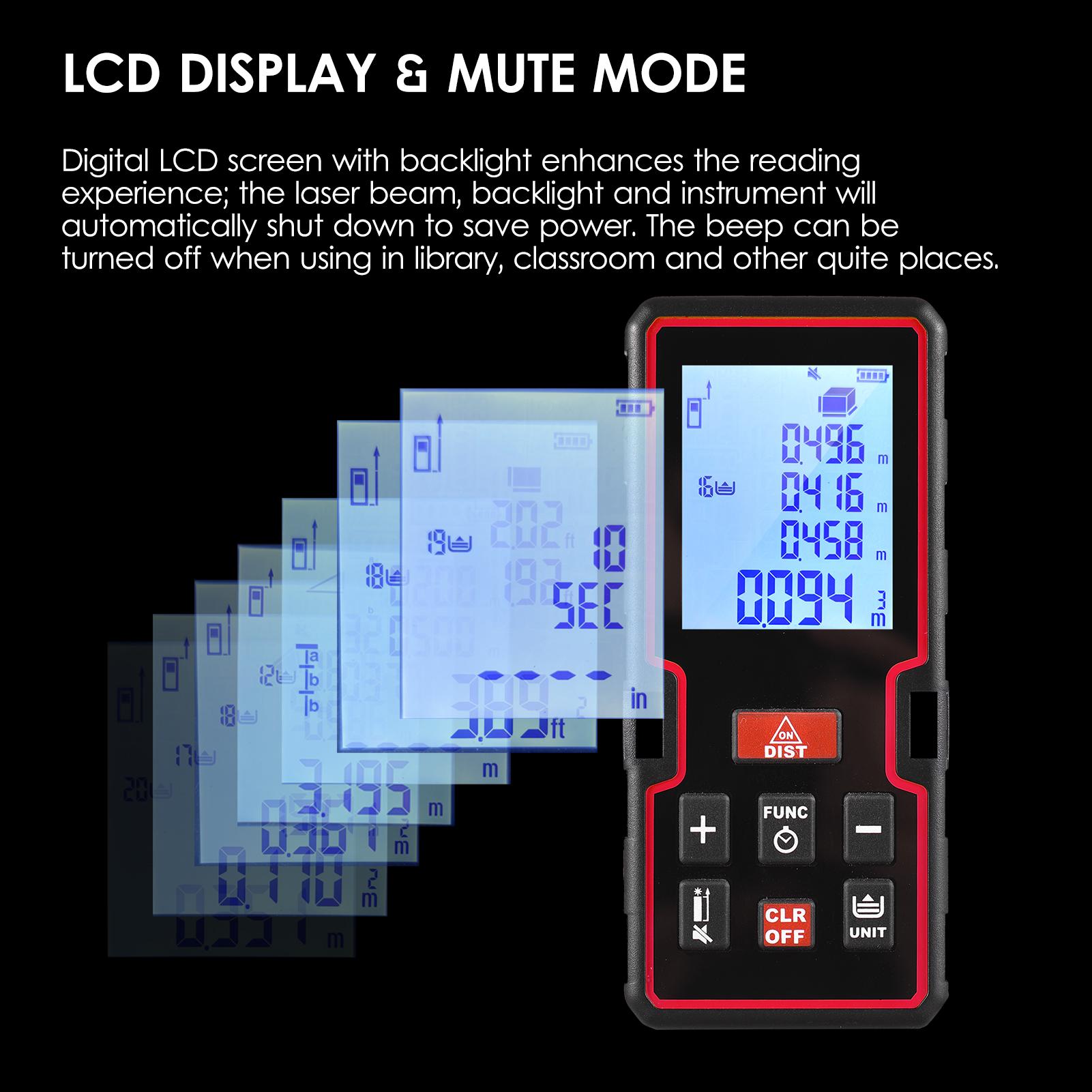 100m Laser Measure LCD Digital Laser Distance Meter Mini Range Finder Distance/ Area/ Volume/ Pythagorean Measuring Tool with Unit Change, Datum Mark Switch, Countdown, History Records