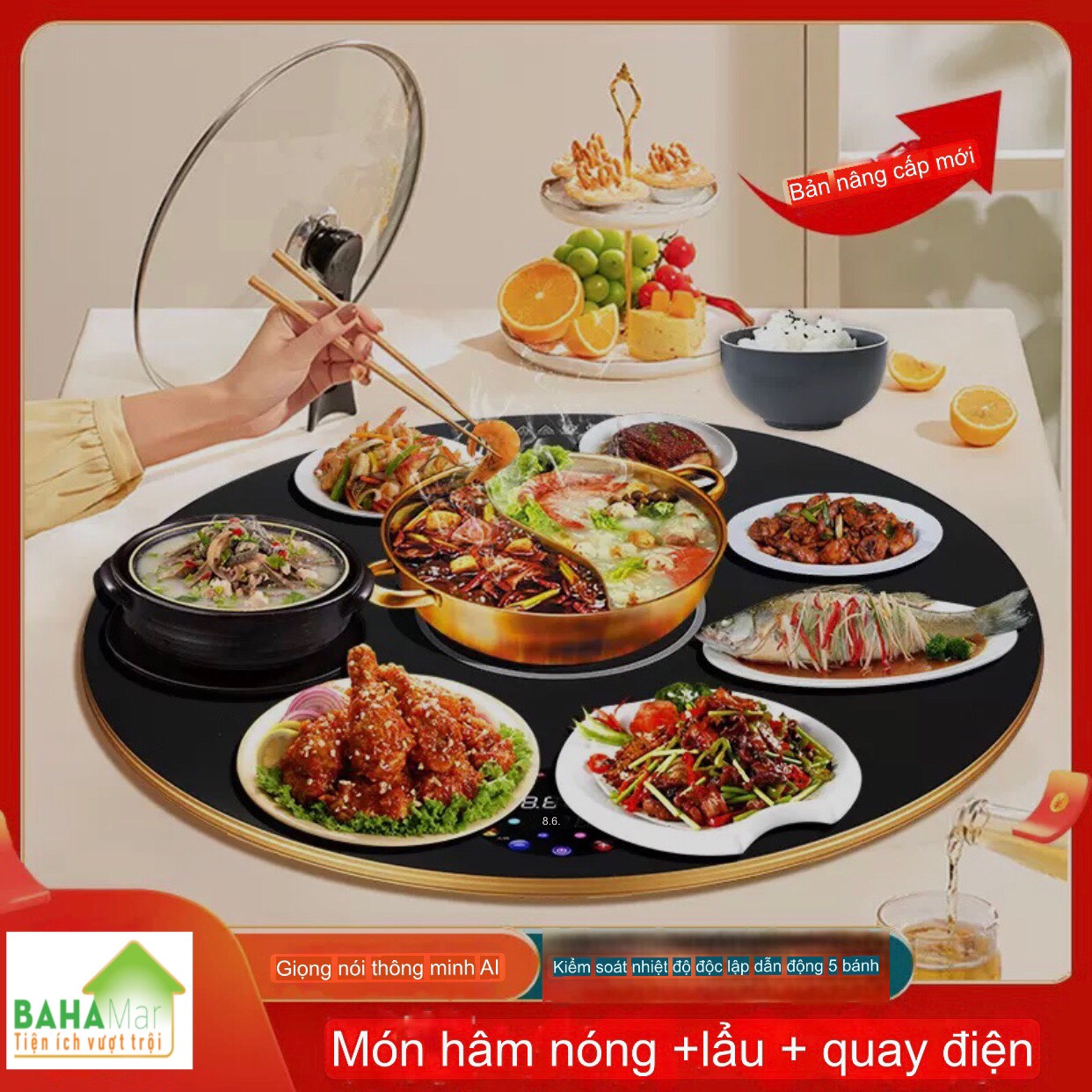 MÂM 68CM GIỮ ẤM MÓN ĂN SUỐT BỮA VÀ TÍCH HỢP KÈM BẾP NẤU LẨU Ở GIỮA CÓ THỂ XOAY TRÒN "BAHAMAR" Có thể làm chủ nhiệt độ theo ý bởi hệ thống điều khiển cảm ứng